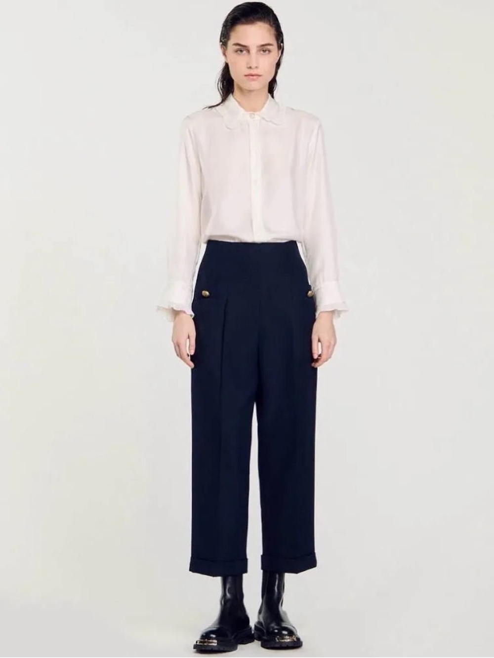 Sandro Carrot Top Cropped Black Pants Cuff Wide leg gorpcore Sieny high rise - Picture 3 of 16